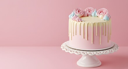 Pink drip cake with pastel meringue decorations on a white cake stand.