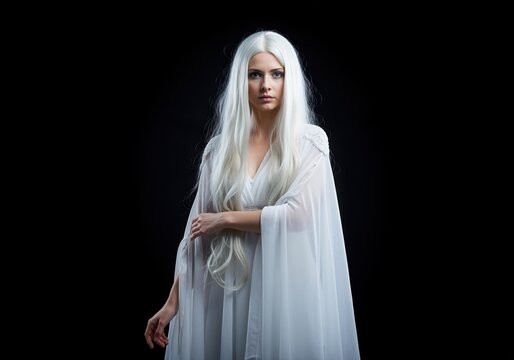 A fantasy portrait of a woman with long white hair in an ethereal gown. Mythical queen or elf character in a white costume posing on a black background with copy space. - Powered by Adobe