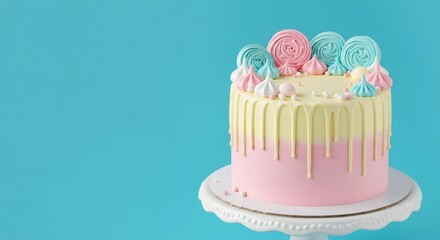 Pastel Pink and Yellow Drip Cake with Meringue Toppings on White Stand