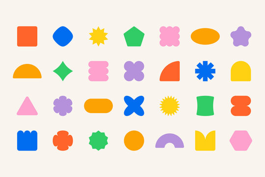 Abstract geometric shapes. Groovy stickers 70s 80s pop art style, retro funky geometry figures, Y2K organic badges for poster logo design. Vector isolated set