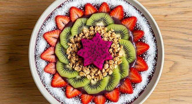 Delicious acai bowl with fresh strawberries kiwi and dragon fruit healthy breakfast food photography
