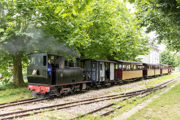 Vintage steam train traveling along railway track in Bligny sur Ouche