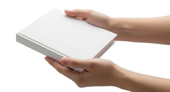 Hands holding a blank white book isolated on transparent background