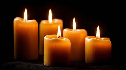 Eerie ambiance with burning candles against a stark black backdrop creating a sense of mystery and contemplation, available space for text overlay, perfect for spiritual themes and dramatic visuals