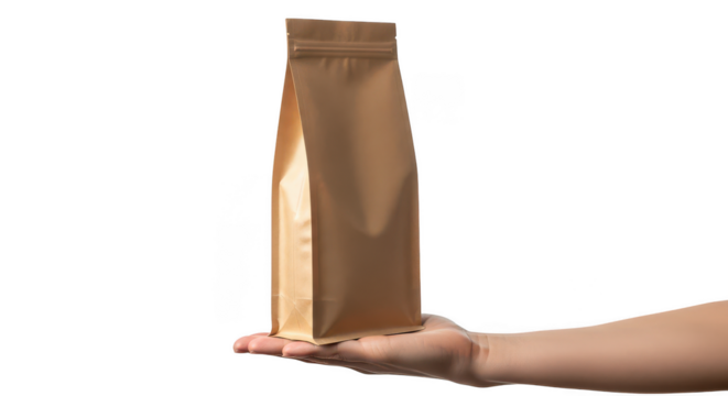 Hand holding a tall brown paper bag isolated on transparent background