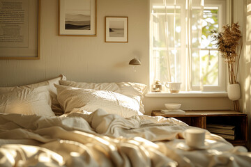 Minimalist Bedroom Interior Mockup with Framed Art and Warm Morning Sunlight