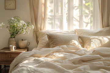 Cozy Bedroom Interior with Warm Morning Sunlight and Neutral Beige Bedding