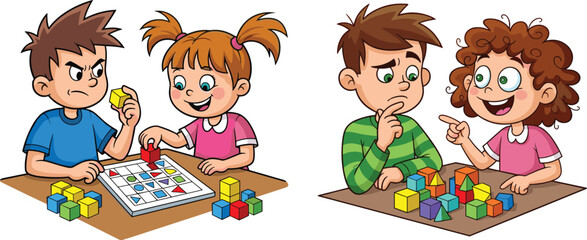 Children playing educational block games, learning shapes, problem solving, teamwork and creativity, kids activity, fun classroom, cartoon illustration, education concept