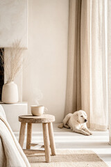 Cozy Scandinavian Interior with Puppy, Steaming Coffee Mug, and Neutral Decor