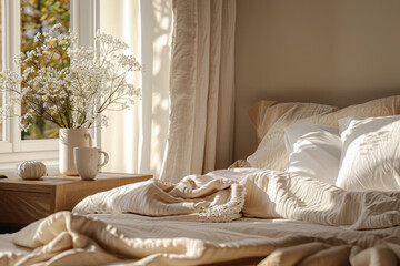 Cozy Bedding Interior with Gypsophila Flowers and Dramatic Morning Sunlight