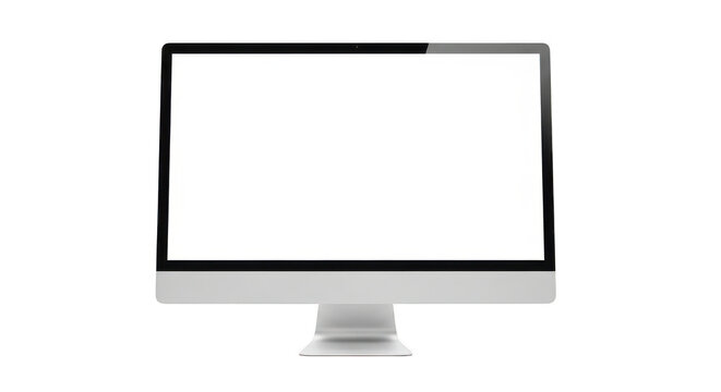 Modern computer monitor displaying a blank white screen isolated on transparent background