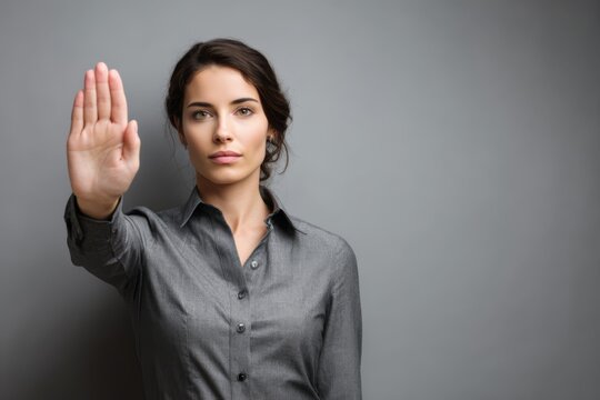 A businesswoman raises one hand in a firm stop gesture, signaling authority and assertiveness.