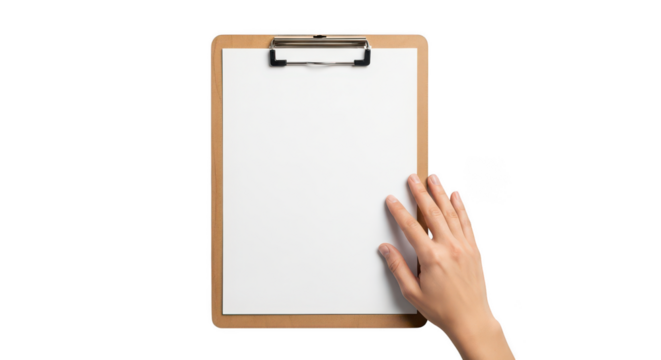Hand touching a blank clipboard with white paper isolated on transparent background