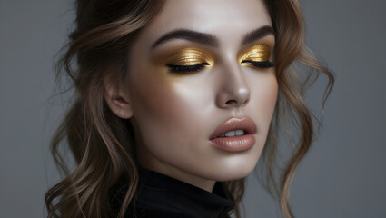 Fototapeta premium Portrait Woman Face Glamorous Makeup Gold Eyeshadow Closed Eyes Serene Expression Hair Waves Shoulders Neutral Background Dramatic Captivating Beauty Generative AI