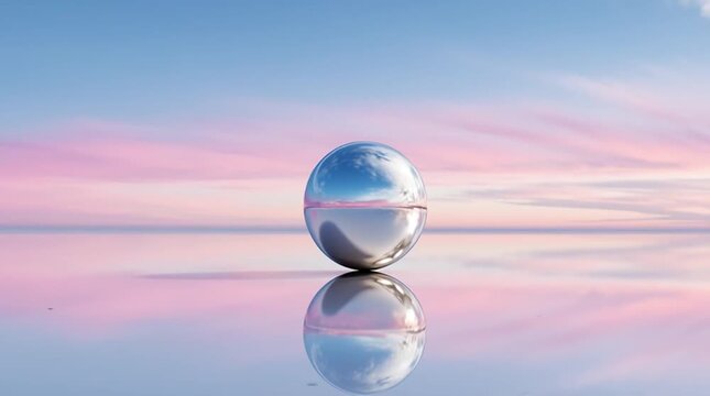 a single chrome sphere hovering above a reflective surface, subtly distorting the reflection of a blue-to-pink gradient sky for a sleek, modern, abstract aesthetic