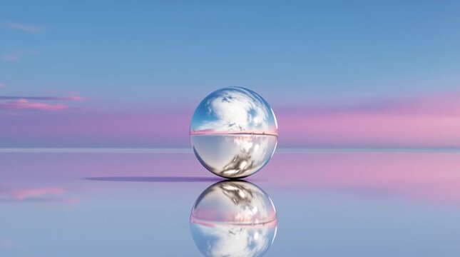a single chrome sphere hovering above a reflective surface, subtly distorting the reflection of a blue-to-pink gradient sky for a sleek, modern, abstract aesthetic