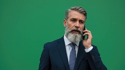 A distinguished older man in a suit, engaged in a phone conversation, against a vibrant green backdrop.