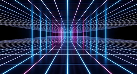 Fototapeta premium Retrowave neon grid environment leading to a central vanishing point. Abstract futuristic digital background for virtual reality or metaverse spaces. Pink and blue glowing light lines 