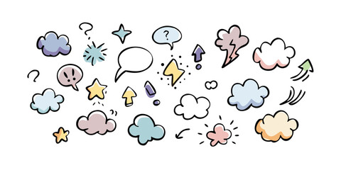 Cartoon doodle icons of clouds stars and lightning with transparent background