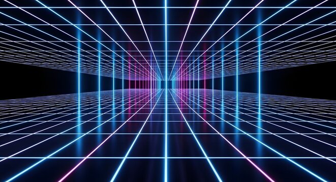 Retrowave neon grid environment leading to a central vanishing point. Abstract futuristic digital background for virtual reality or metaverse spaces. Pink and blue glowing light lines 