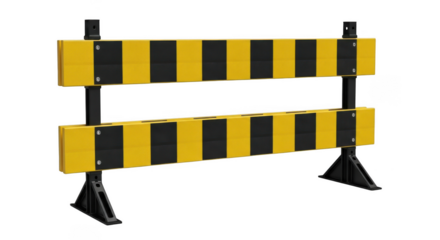 Yellow and black striped construction barrier isolated on transparent background