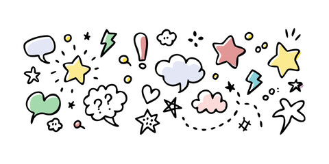 Collection of colorful doodle style speech bubbles and shapes