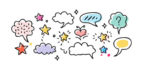 Collection of colorful doodle speech bubbles and stars