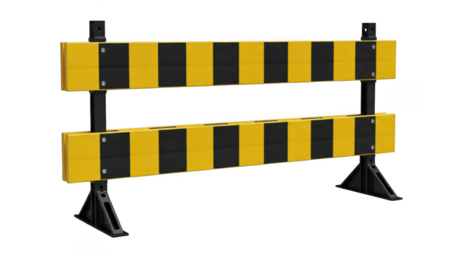 Yellow and black striped construction barrier isolated on transparent background