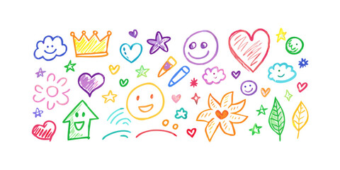 Colorful doodle elements on white background cartoon