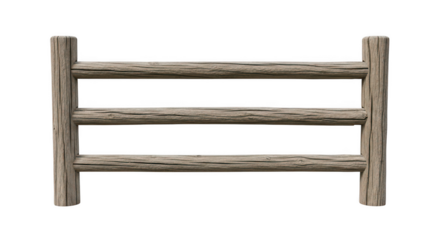 Rustic wooden fence section with three horizontal rails isolated on transparent background