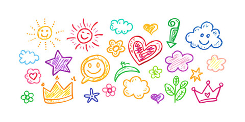 Colorful doodle elements with smiley faces and hearts