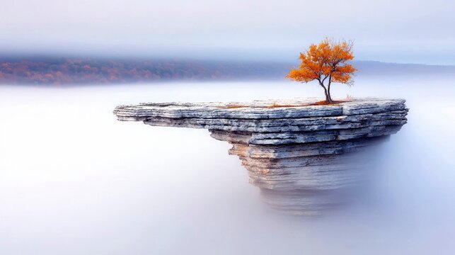 A single tree with vibrant orange leaves grows on a flat, layered rock outcrop, surrounded by dense fog.