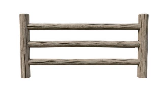 Rustic wooden fence section with three horizontal rails isolated on transparent background