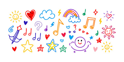 Colorful doodle icons of suns hearts music notes and stars