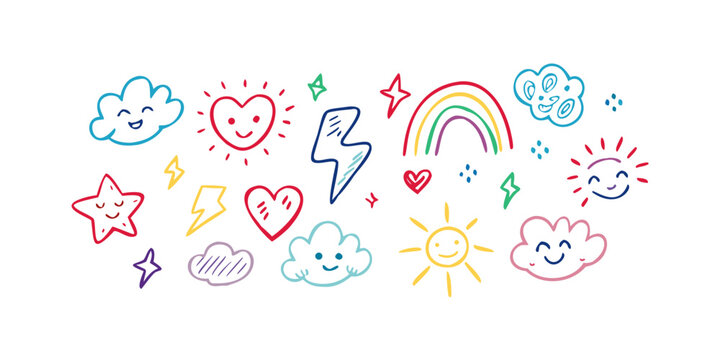 Colorful doodle icons of happy clouds sun rainbow and stars
