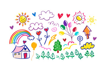 Colorful doodle set with house rainbow and sun vector