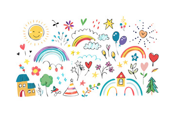 Colorful hand drawn doodle elements on white background 1