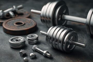 Weightlifting equipment arrangement featuring various weights and dumbbells on a textured surface showcasing a fitness theme