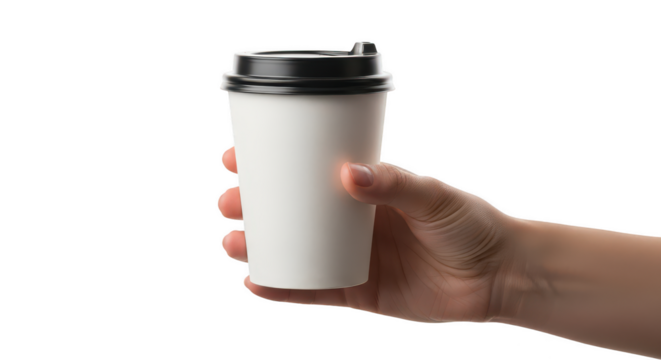 Hand holding a white paper coffee cup with black lid isolated on transparent background - Powered by Adobe