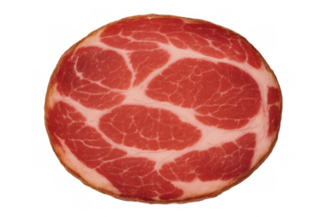 Sliced coppa pork cured meat with marbling on transparent background, showing appetizer and gourmet food concept