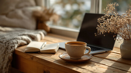 Helles Homeoffice mit Laptop Kaffee und Notizbuch am Fenster für produktives und entspanntes