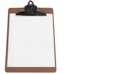 Brown clipboard with black metal clip and blank white paper sheet for notes or forms, isolated on transparent background, PNG.