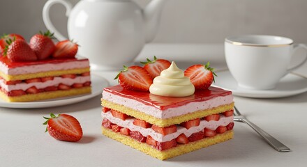 Strawberry Cake Slices with Fresh Strawberries, Whipped Cream, and Teatime Accessories