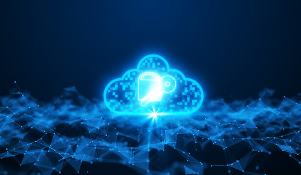 Cloud computing technology database storage security concept Backup transfer. There is a large cloud icon on the right in a polygon with a dark blue background.
