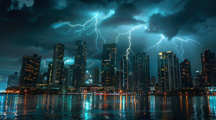 Lightning Storm Over Modern City Skyline at Night
