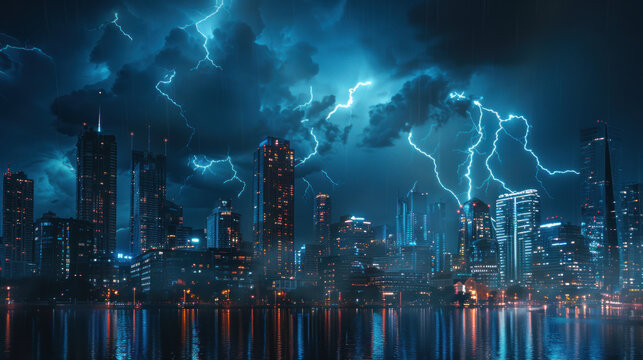 Dramatic Lightning Storm Over Futuristic City Skyline at Night