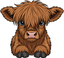 Cartoon Highland cow calf, shaggy brown fur, blue eyes, pink nose, sitting pose, cute animal, children’s illustration, isolated, stylized