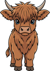 Cartoon Highland cow, shaggy brown fur, blue eyes, curved horns, standing pose, cute animal, stylized artwork, isolated, children’s illustration