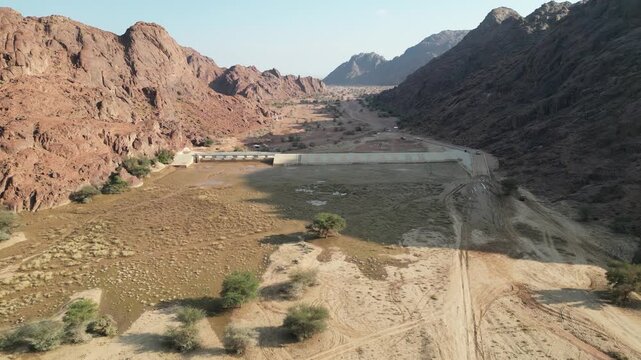 Aerial View of Al-Salf Dam and Wadi in the Aja Mountains near Ha'il, Saudi Arabia
