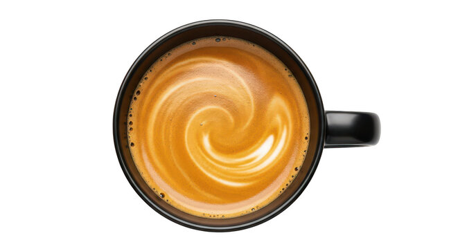 Top view of a creamy latte coffee with swirling foam isolated on transparent background